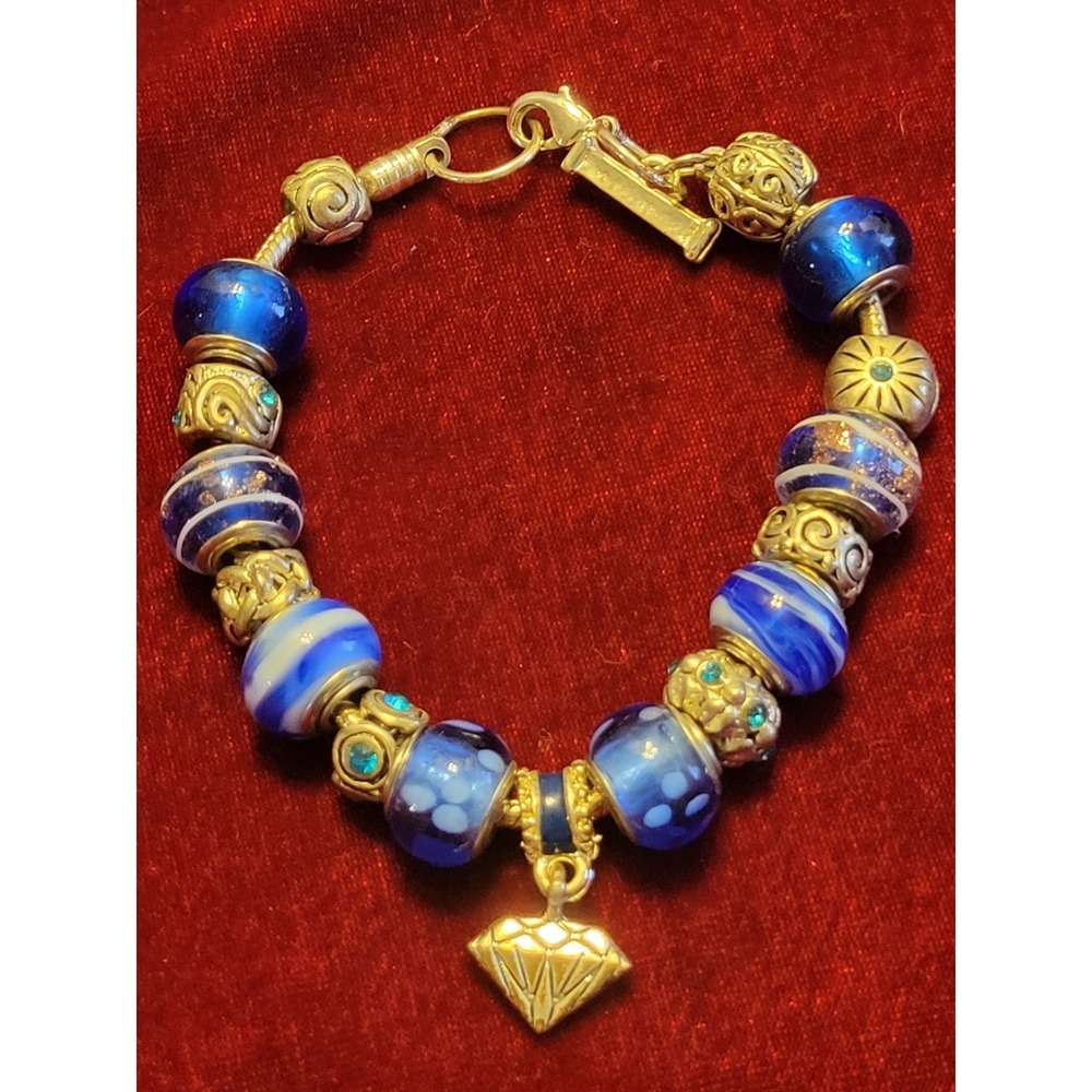 Royal Blue European Charm Bracelet Boho Beaded Silver Gold Tone Diamond Shaped